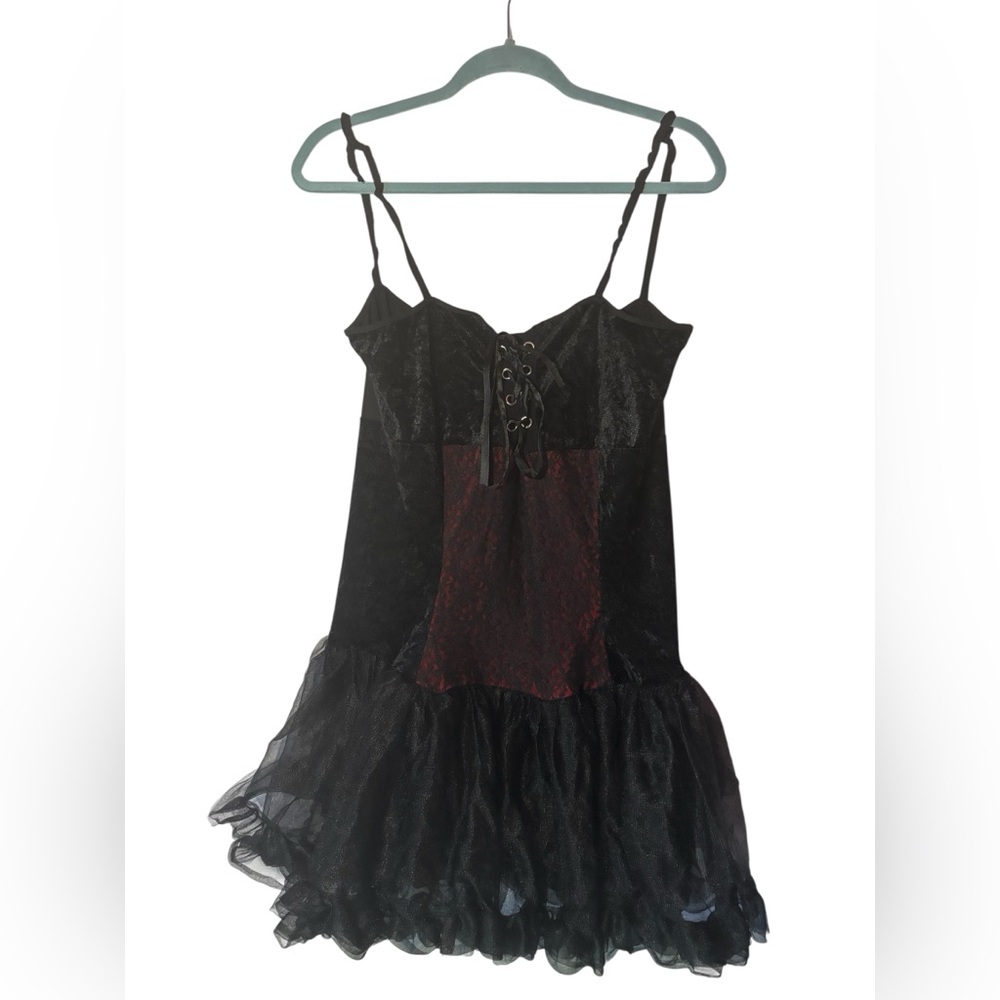 Adult Gothic Vampire Dress Black Crushed Velvet Lace-Up Emo Witch Costume L